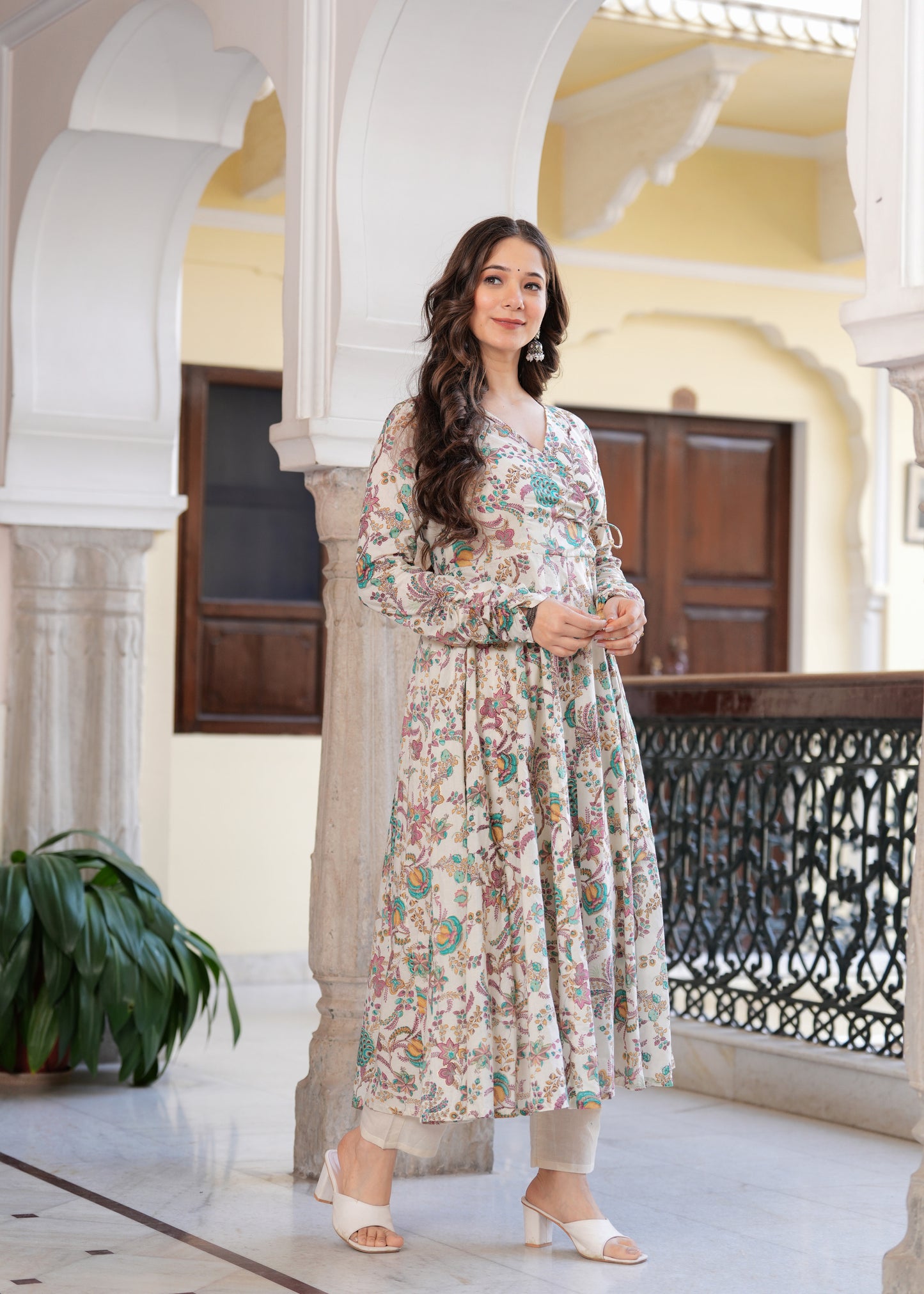 Blue Cambric Cotton Ethnic Motif Anarkali Kurta With Palazzo Set