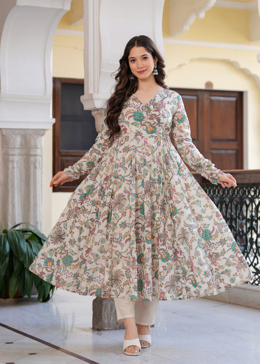 Blue Cambric Cotton Ethnic Motif Anarkali Kurta With Palazzo Set