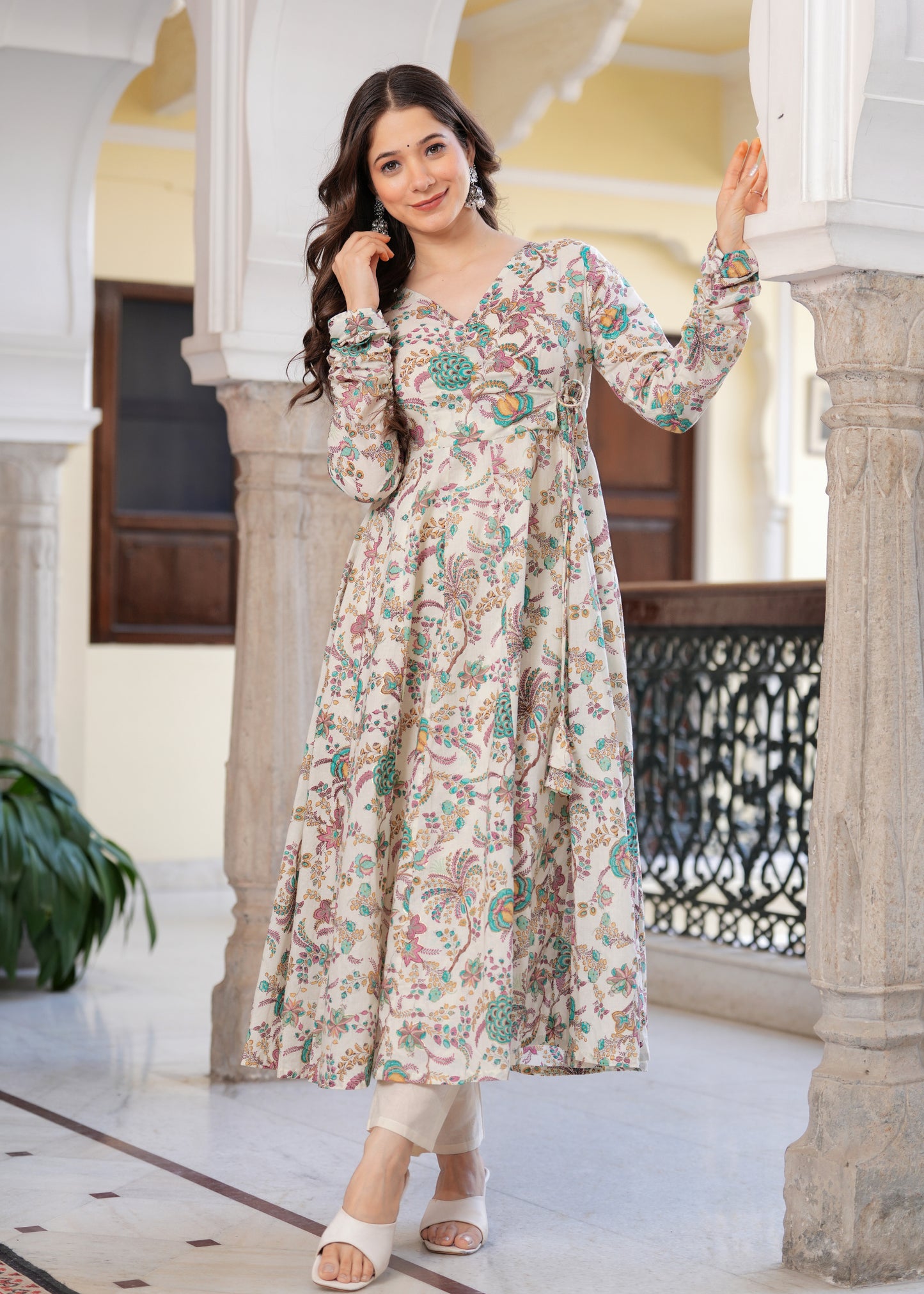 Blue Cambric Cotton Ethnic Motif Anarkali Kurta With Palazzo Set