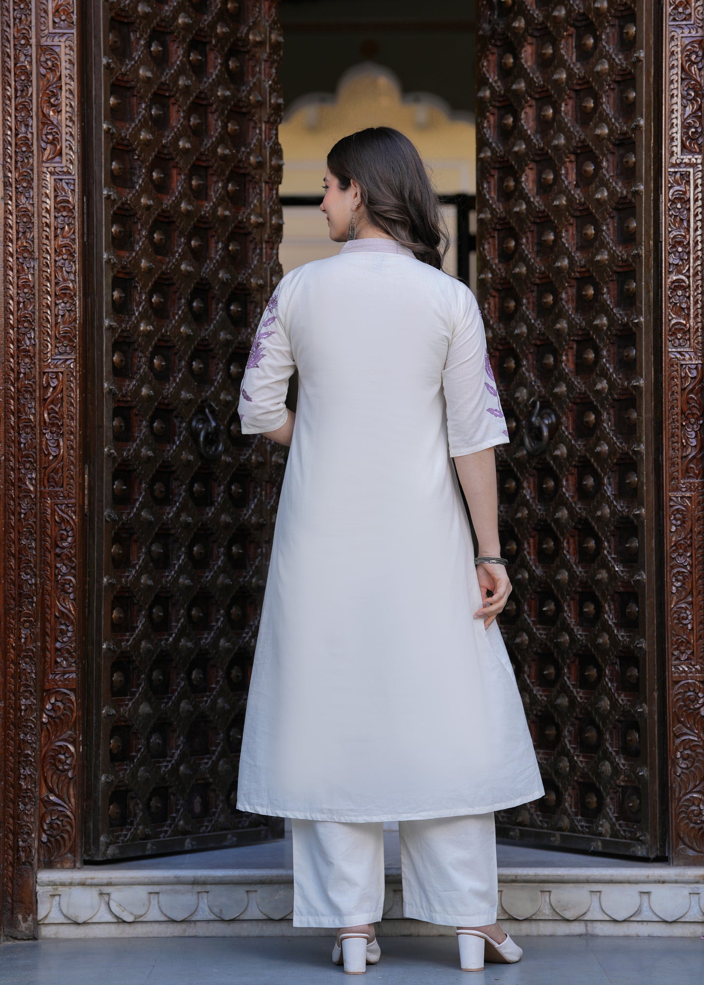 Beige Cambric Cotton  Straight Embroidery Kurta and Palazzo With Dupatta Set