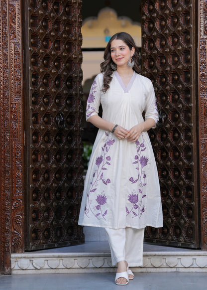 Beige Cambric Cotton  Straight Embroidery Kurta and Palazzo With Dupatta Set