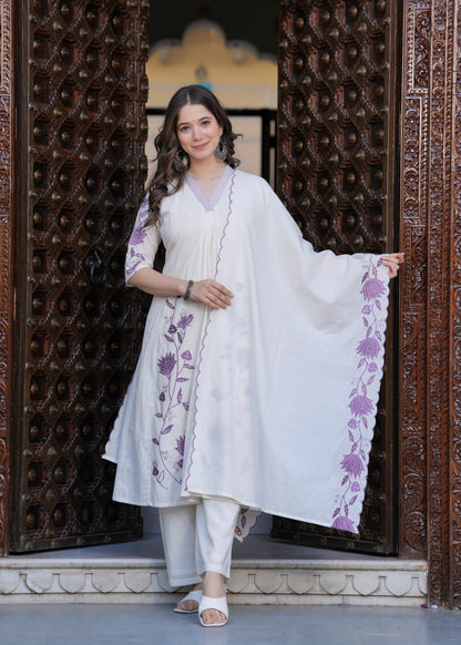 Beige Cambric Cotton  Straight Embroidery Kurta and Palazzo With Dupatta Set