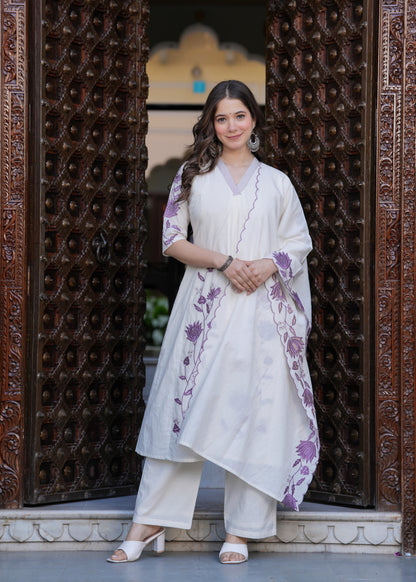 Beige Cambric Cotton  Straight Embroidery Kurta and Palazzo With Dupatta Set