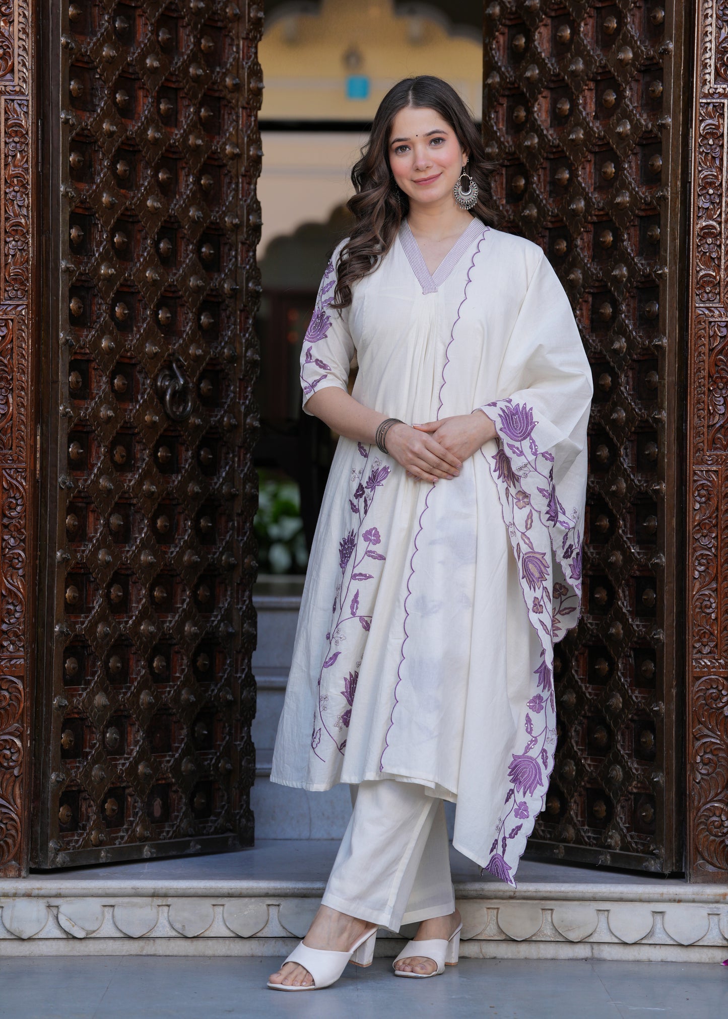 Beige Cambric Cotton  Straight Embroidery Kurta and Palazzo With Dupatta Set