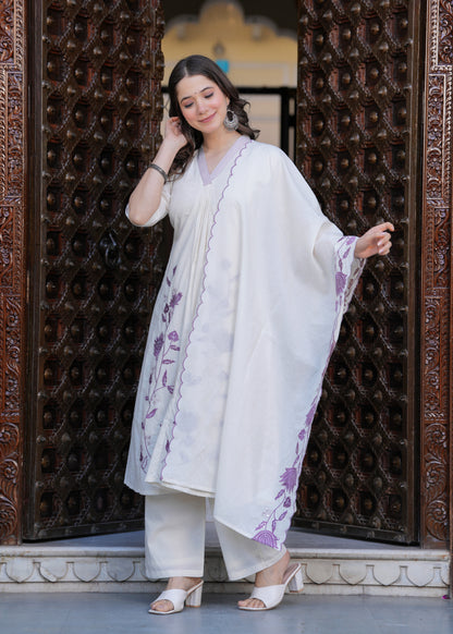 Beige Cambric Cotton  Straight Embroidery Kurta and Palazzo With Dupatta Set