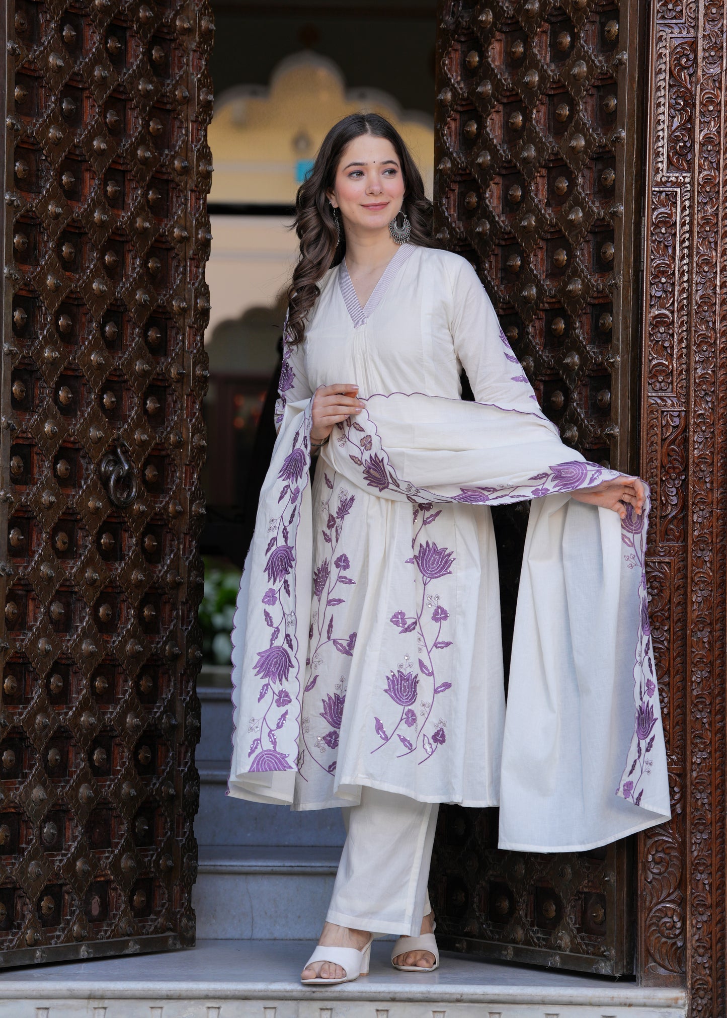 Beige Cambric Cotton  Straight Embroidery Kurta and Palazzo With Dupatta Set