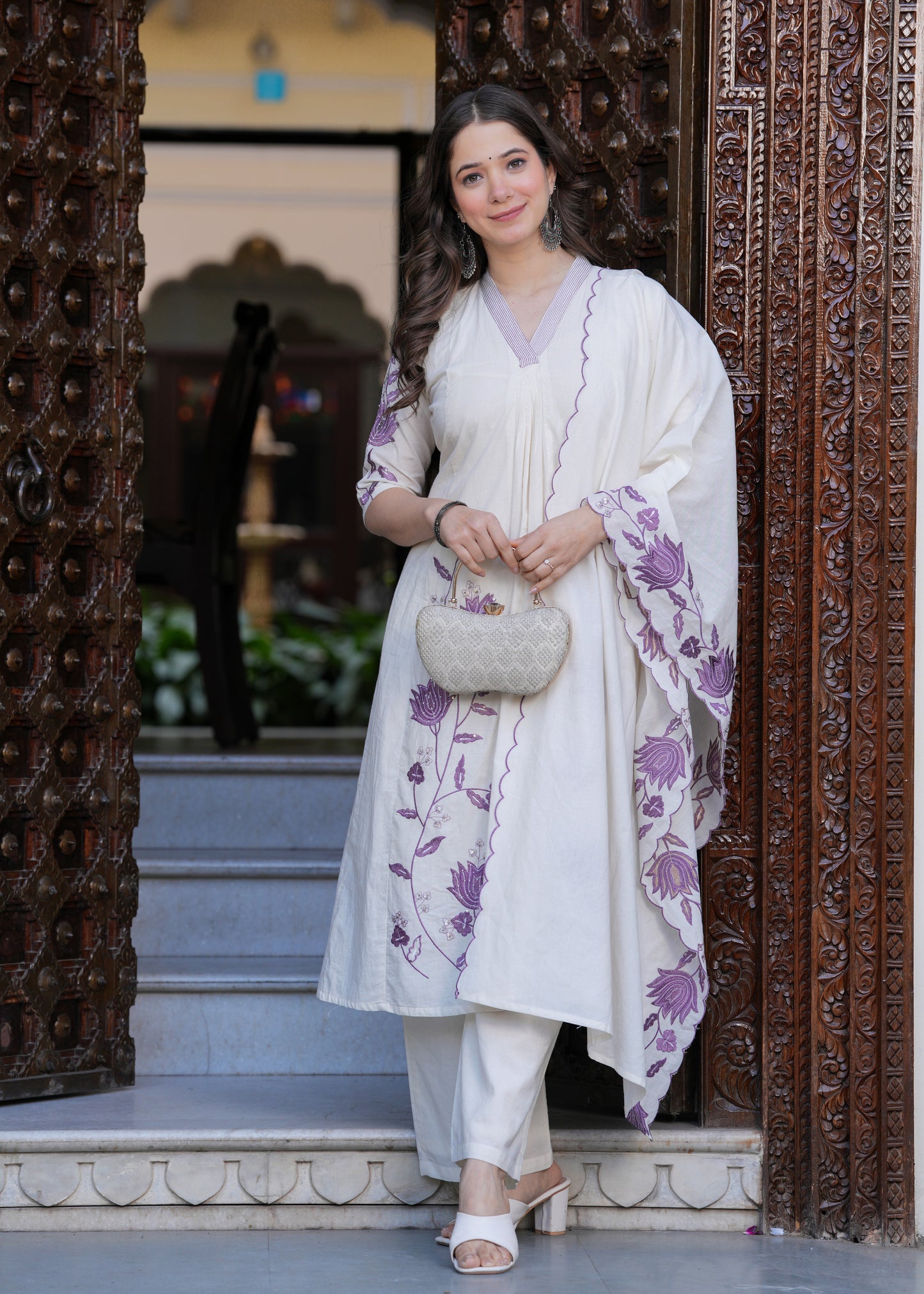 Beige Cambric Cotton  Straight Embroidery Kurta and Palazzo With Dupatta Set