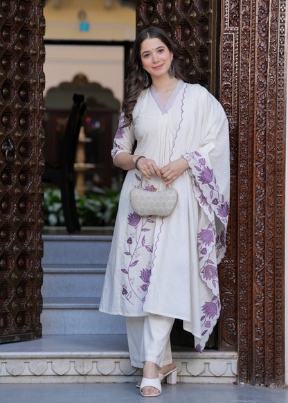 Beige Cambric Cotton  Straight Embroidery Kurta and Palazzo With Dupatta Set