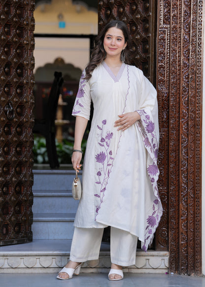 Beige Cambric Cotton  Straight Embroidery Kurta and Palazzo With Dupatta Set