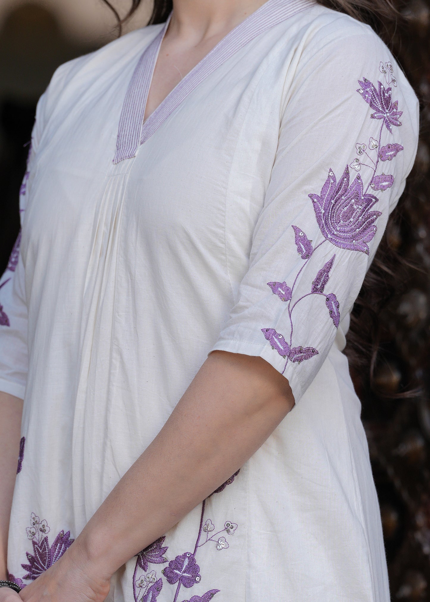 Beige Cambric Cotton  Straight Embroidery Kurta and Palazzo With Dupatta Set