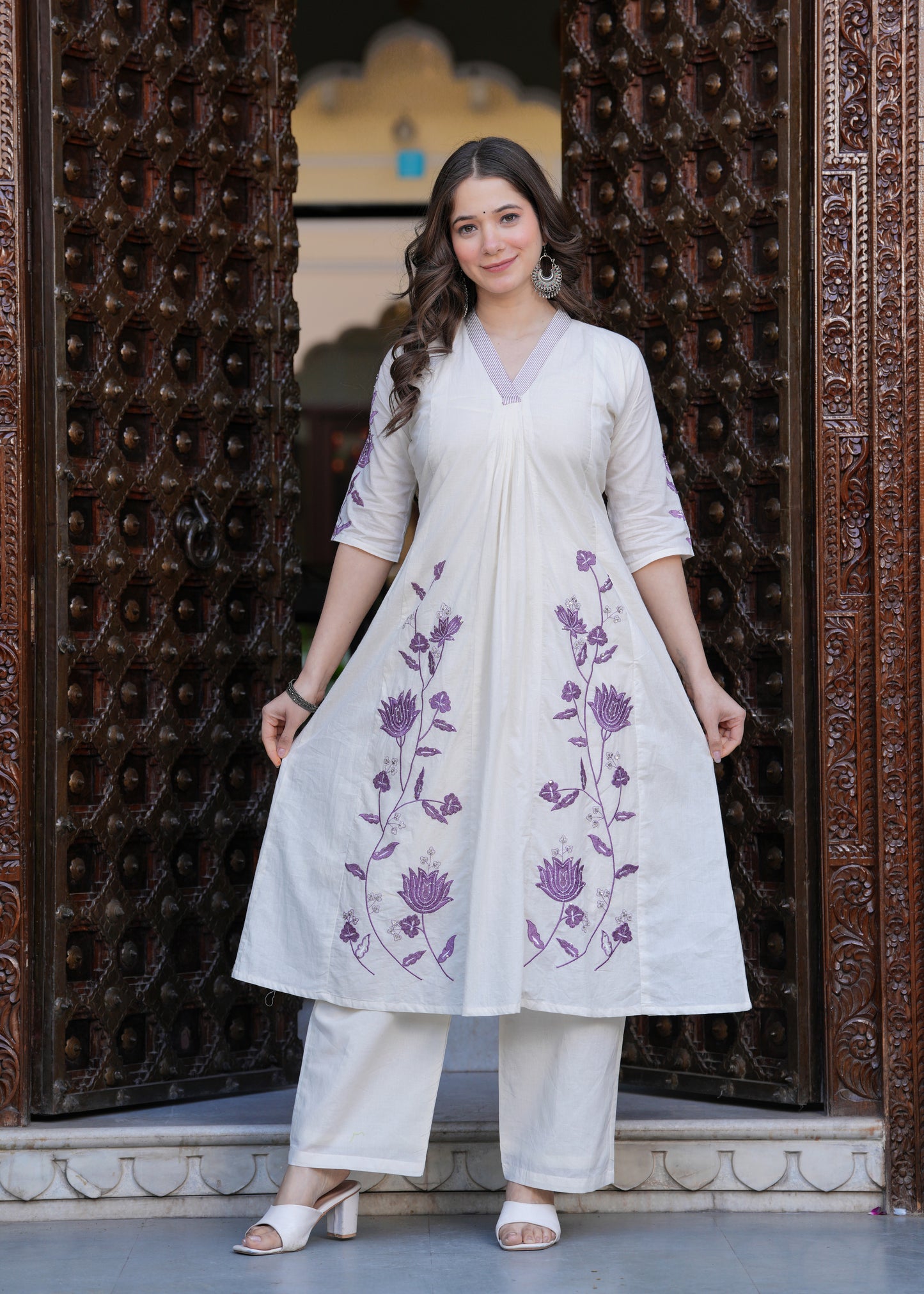 Beige Cambric Cotton  Straight Embroidery Kurta and Palazzo With Dupatta Set