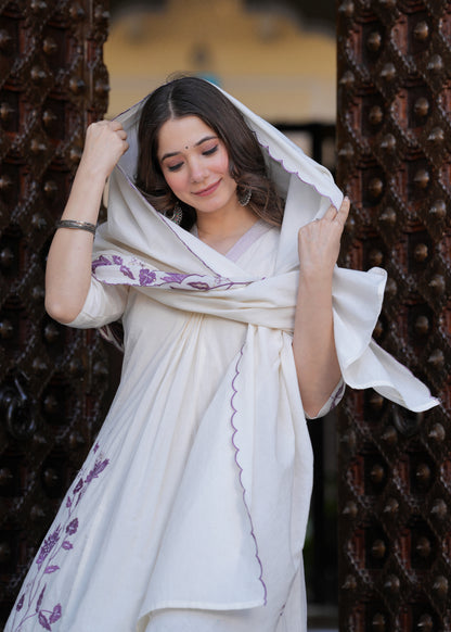 Beige Cambric Cotton  Straight Embroidery Kurta and Palazzo With Dupatta Set