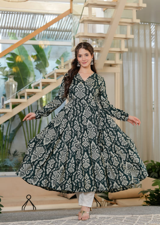 Green Cotton Ikat Anarkali Kurta With Palazzo Set