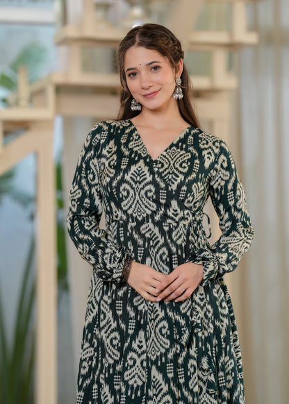 Green Cotton Ikat Anarkali Kurta With Palazzo Set