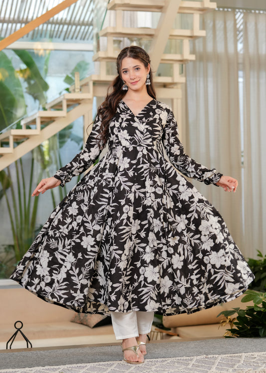 Black Cambric Cotton Floral Print Anarkali Kurta With Palazzo Set