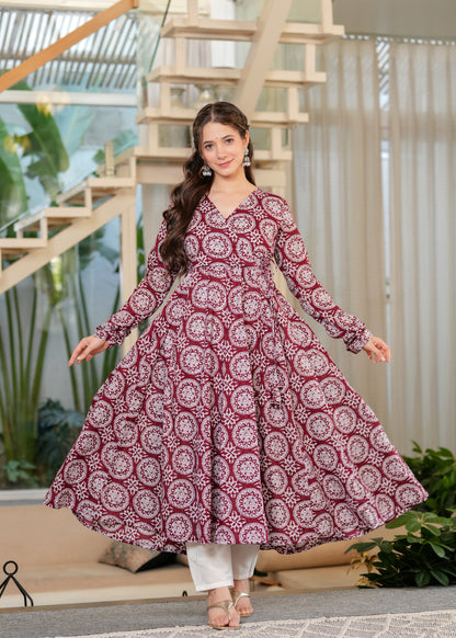 Maroon Cotton Mandala Print Anarkali Kurta With Palazzo Set