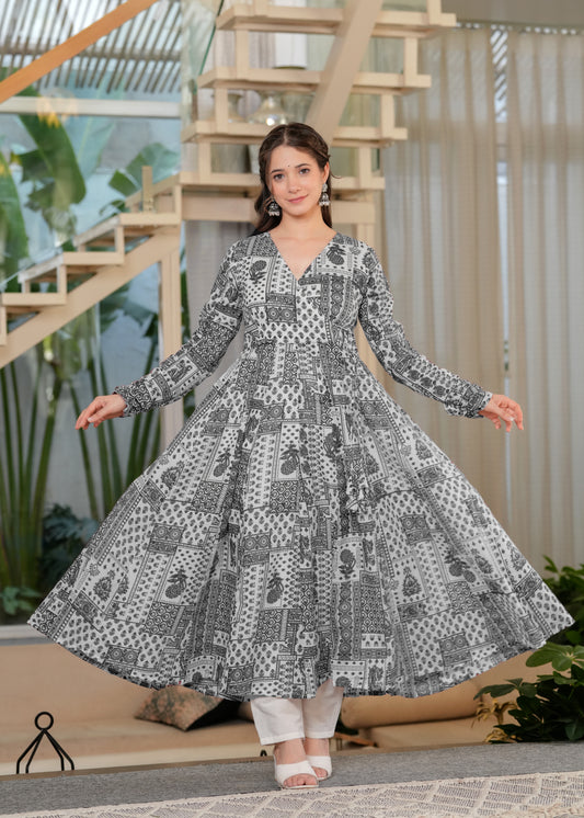 Black Cambric Cotton Ethnic Motif Anarkali Kurta With Palazzo Set