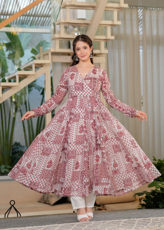 Red Cambric Cotton Ethnic Motif Anarkali Kurta With Palazzo Set