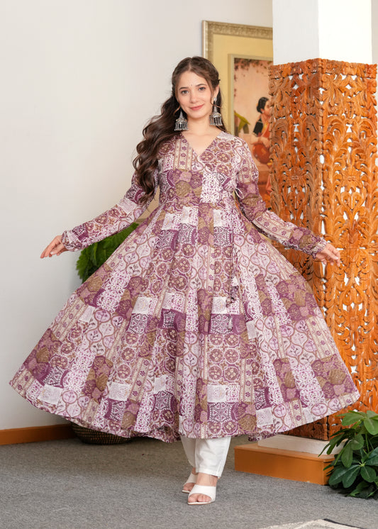 Purple Cambric Cotton Ethnic Motif Anarkali Kurta With Palazzo Set