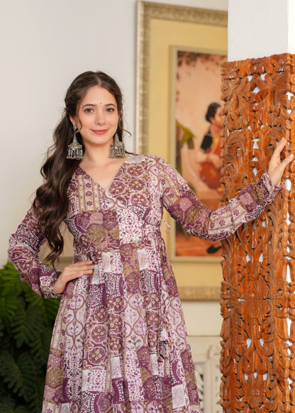 Purple Cambric Cotton Ethnic Motif Anarkali Kurta With Palazzo Set