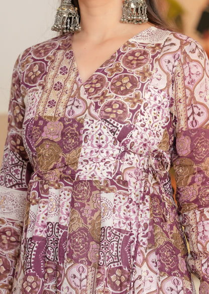 Purple Cambric Cotton Ethnic Motif Anarkali Kurta With Palazzo Set