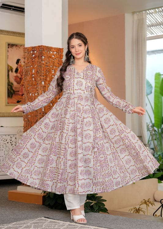 Purple Cambric Cotton Floral Print Anarkali Kurta With Palazzo Set