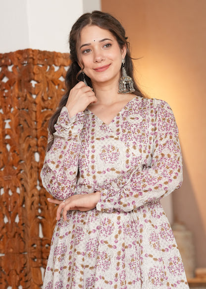 Purple Cambric Cotton Floral Print Anarkali Kurta With Palazzo Set