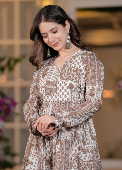 Brown Cambric Cotton Ethnic Motif Anarkali Kurta With Palazzo Set
