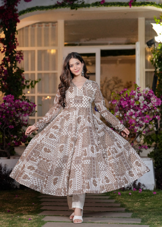Brown Cambric Cotton Ethnic Motif Anarkali Kurta With Palazzo Set