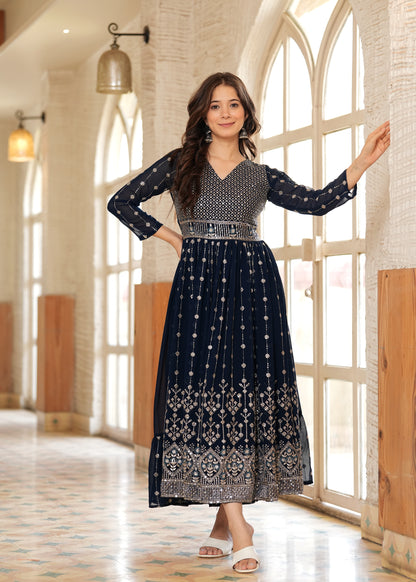 Teal Fit And Flared Floral Embroidery Gown & Dresses