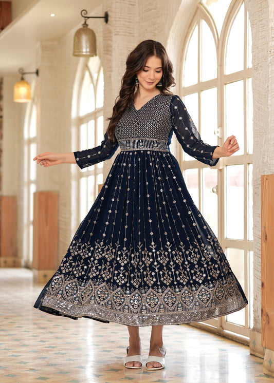 Teal Fit And Flared Floral Embroidery Gown & Dresses
