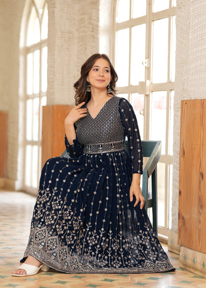 Teal Fit And Flared Floral Embroidery Gown & Dresses