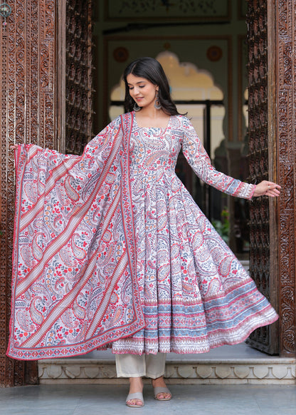 Multi Coloured Anarkali Ethnic Motifs Embroidered & Printed Schiffly Sequined Kurta & Trousers With Dupatta