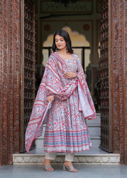 Multi Coloured Anarkali Ethnic Motifs Embroidered & Printed Schiffly Sequined Kurta & Trousers With Dupatta