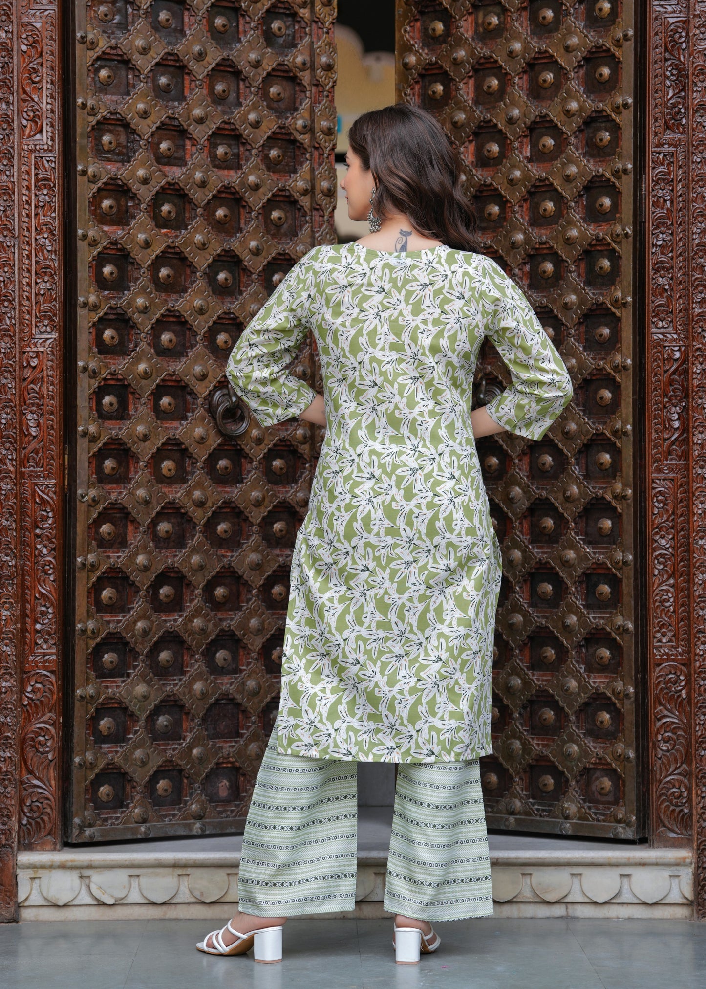 Green Straight Printed Kurta and Palazzo With Dupatta