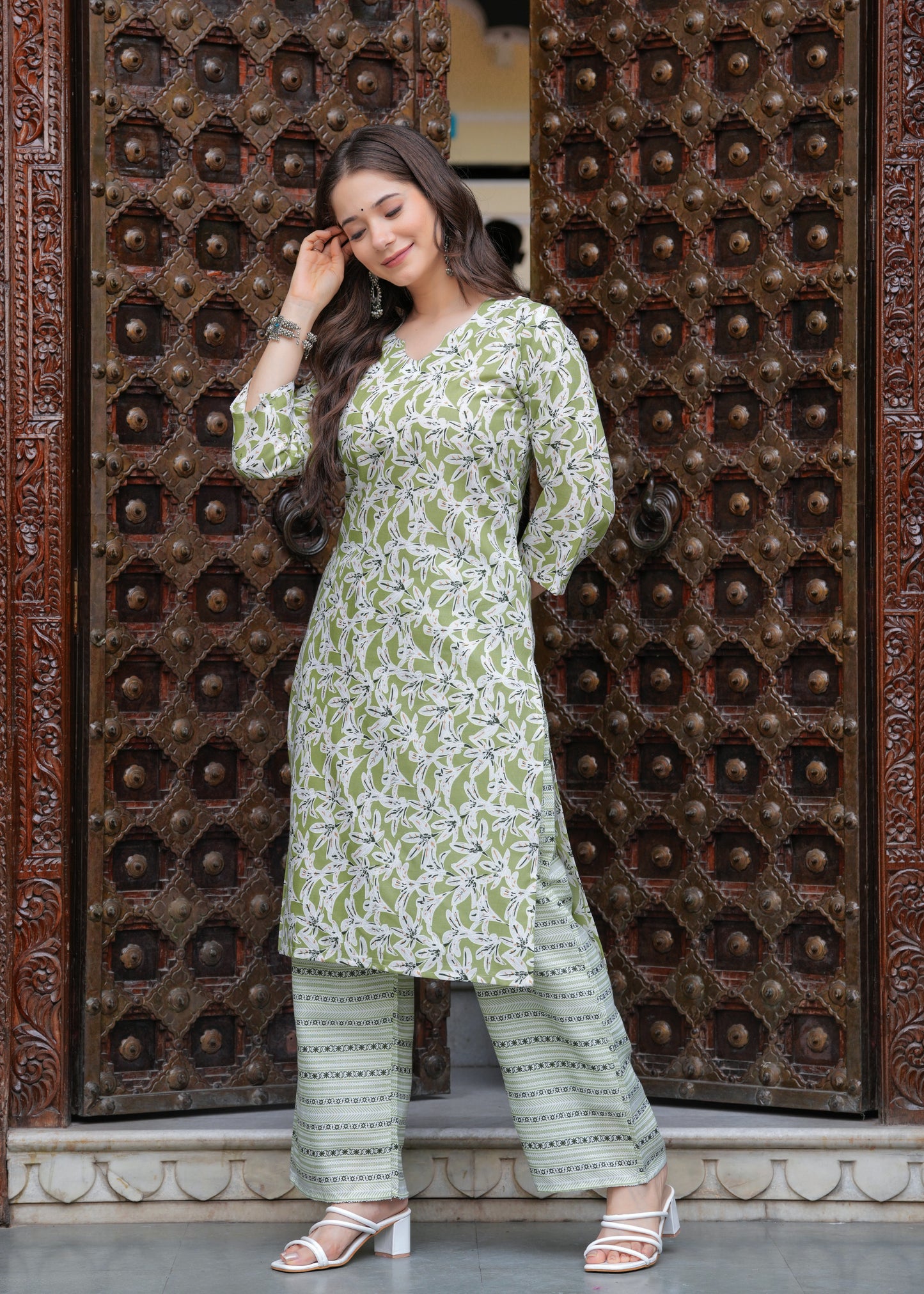 Green Straight Printed Kurta and Palazzo With Dupatta