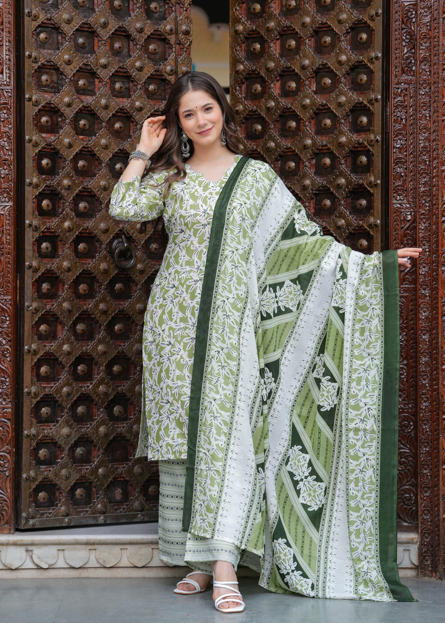 Green Straight Printed Kurta and Palazzo With Dupatta