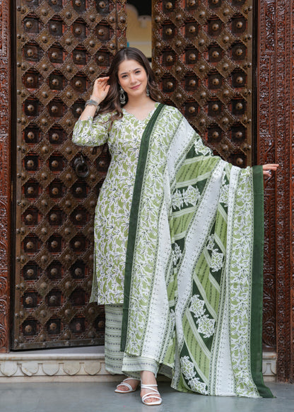 Green Straight Printed Kurta and Palazzo With Dupatta