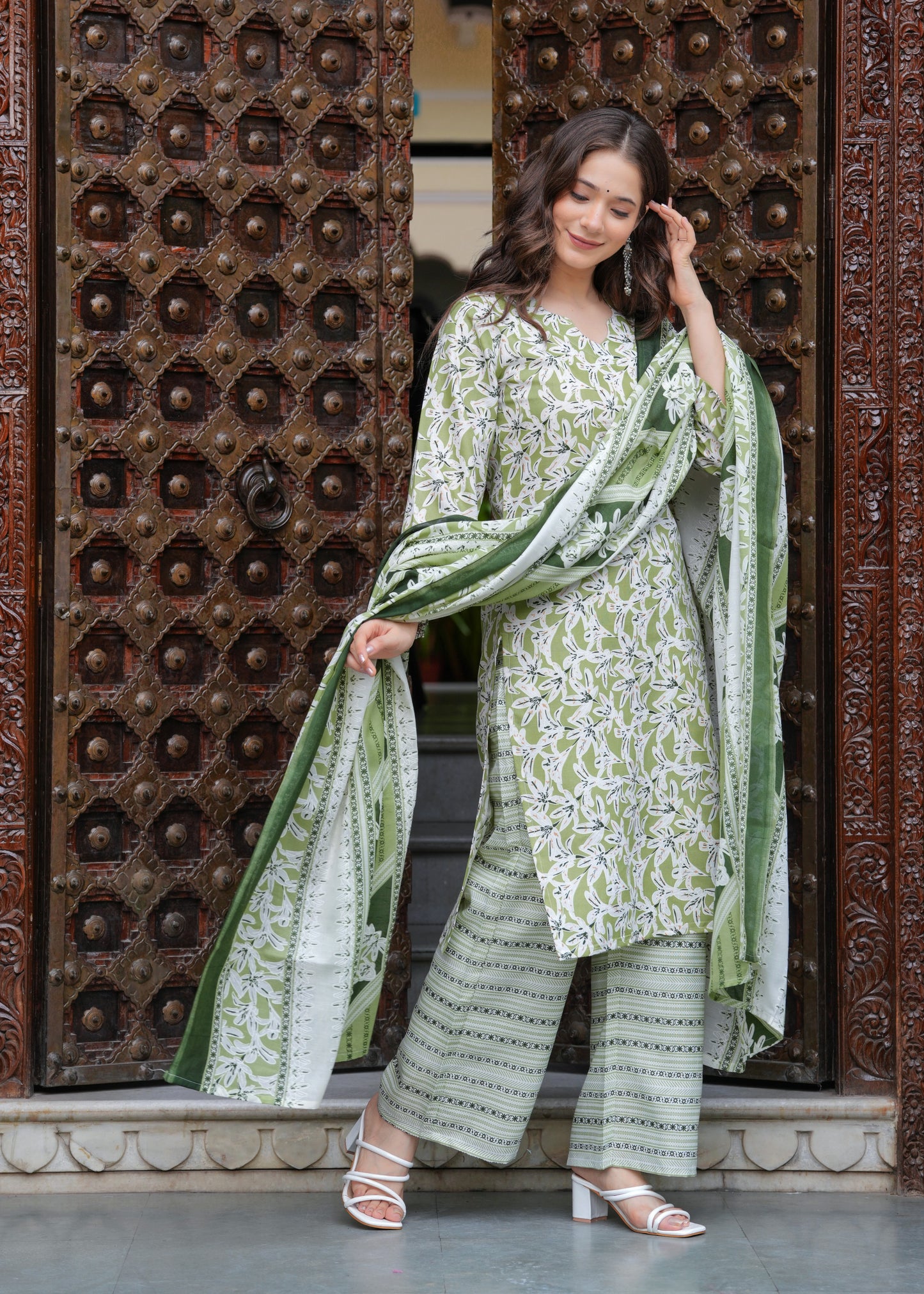 Green Straight Printed Kurta and Palazzo With Dupatta