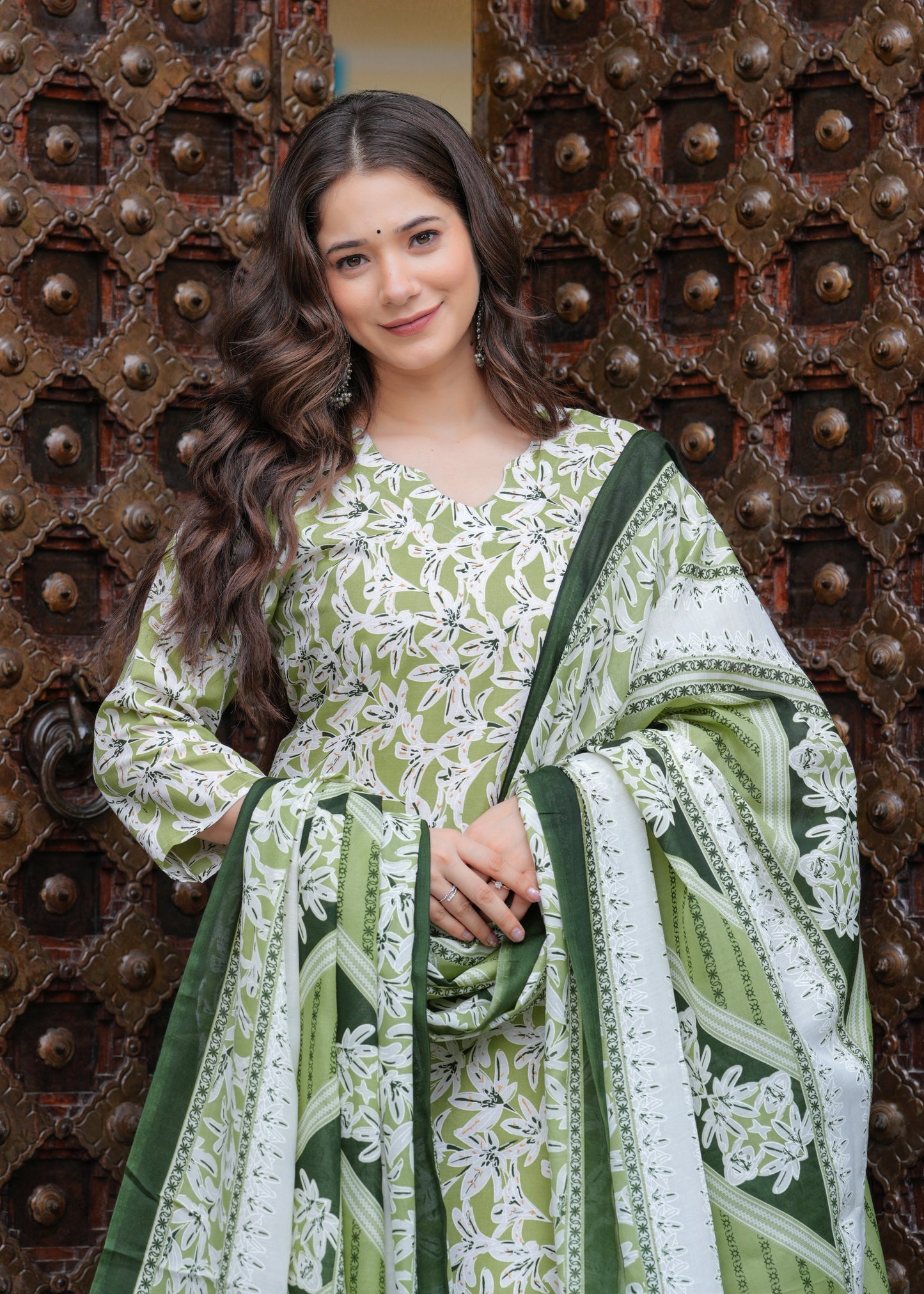 Green Straight Printed Kurta and Palazzo With Dupatta