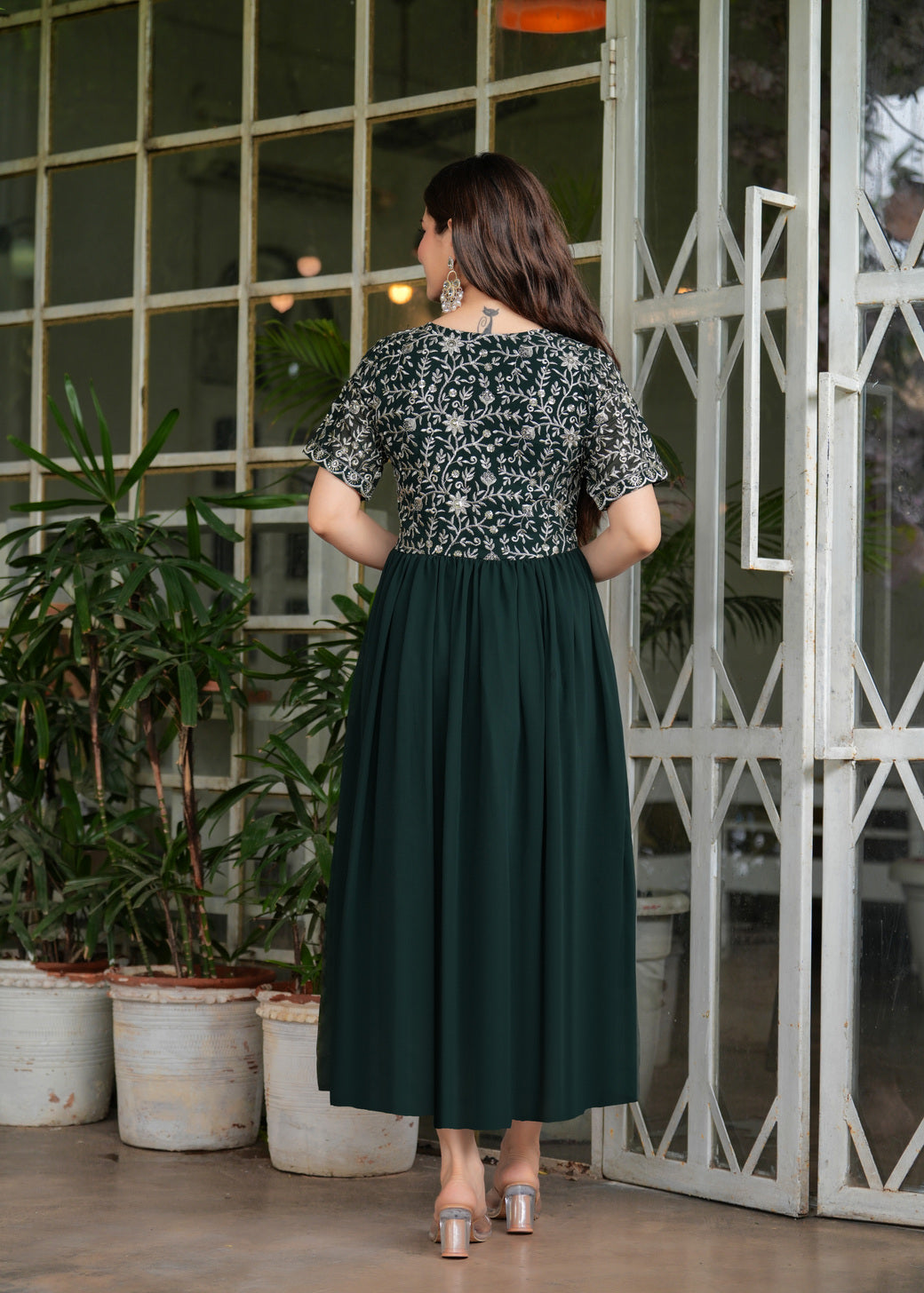 Green Fit And Flared Floral Embroidery Gown & Dresses
