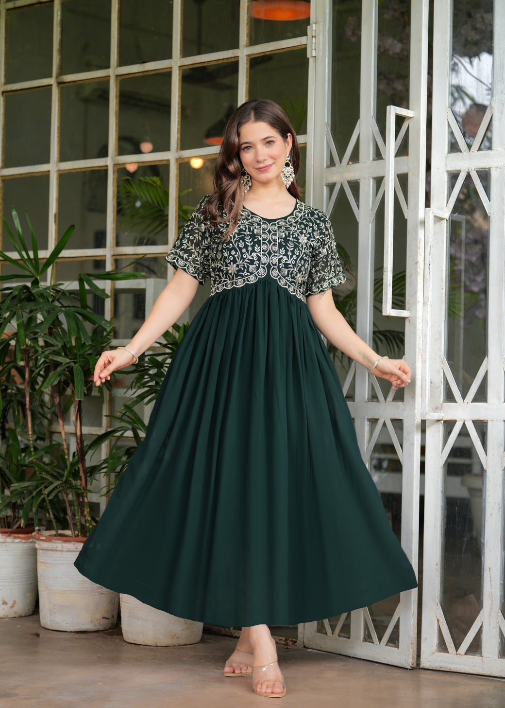 Green Fit And Flared Floral Embroidery Gown & Dresses