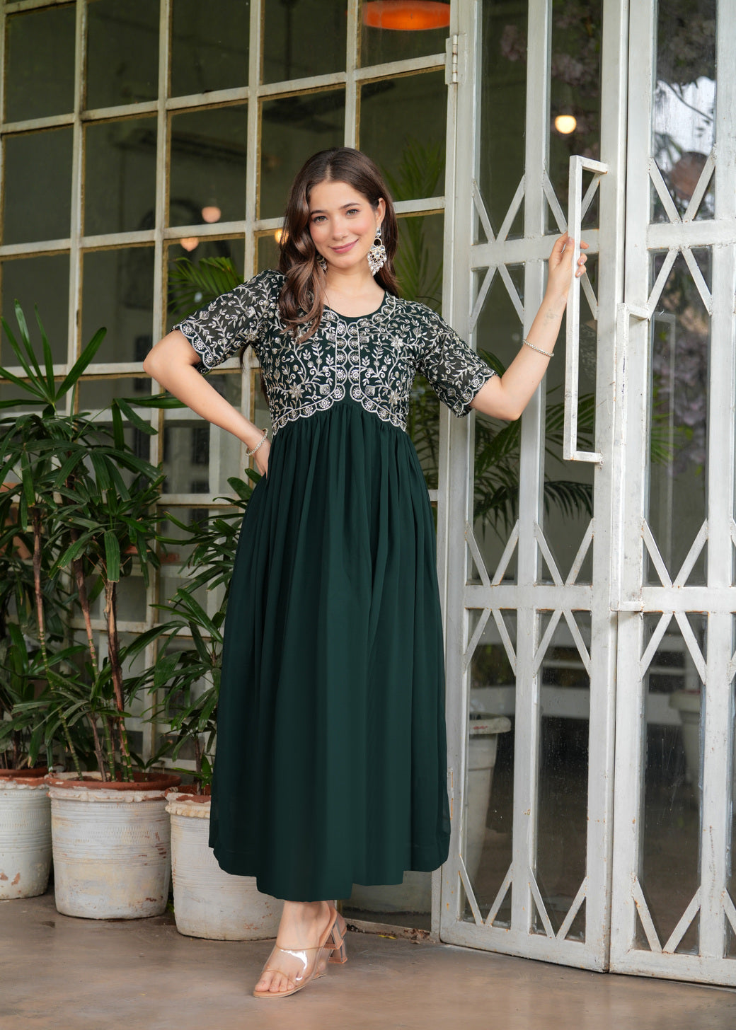 Green Fit And Flared Floral Embroidery Gown & Dresses