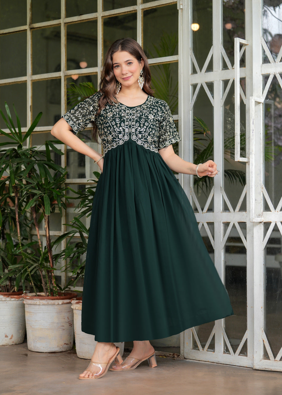 Green Fit And Flared Floral Embroidery Gown & Dresses
