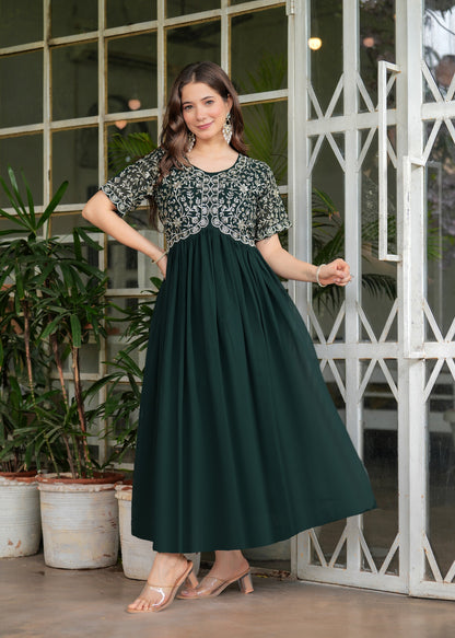 Green Fit And Flared Floral Embroidery Gown & Dresses