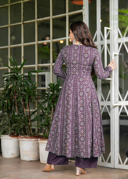 Wine Poly Cotton Ethnic Motif Anarkali Kurta With Palazzo Set