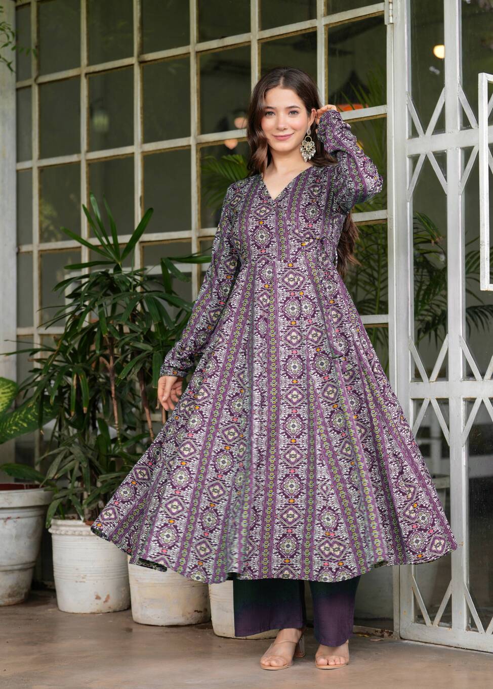 Wine Poly Cotton Ethnic Motif Anarkali Kurta With Palazzo Set