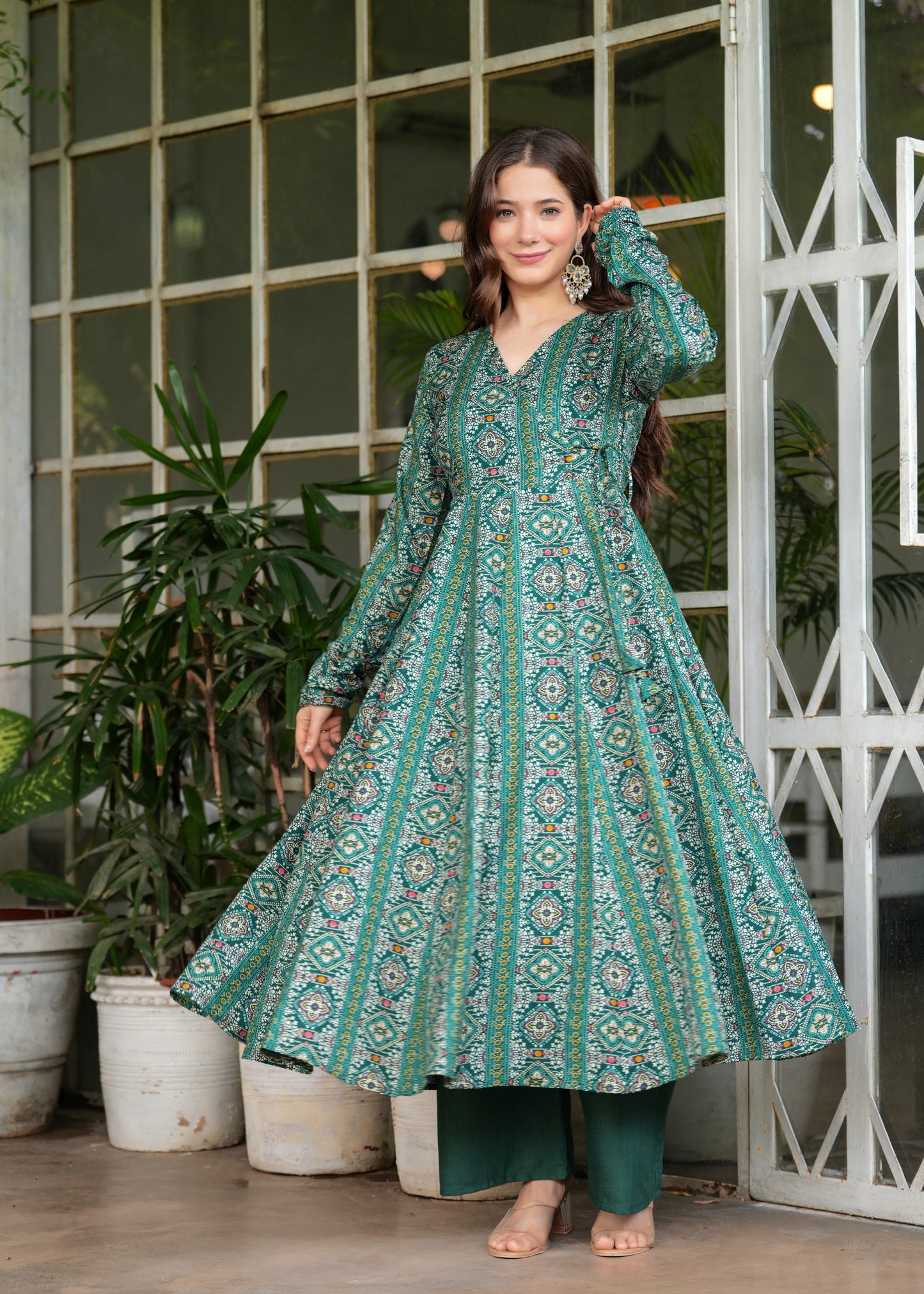 Firozi Cotton Ethnic Motif Anarkali Kurta With Palazzo Set