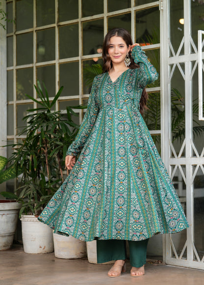 Firozi Cotton Ethnic Motif Anarkali Kurta With Palazzo Set