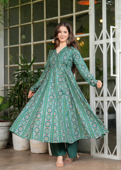 Firozi Cotton Ethnic Motif Anarkali Kurta With Palazzo Set